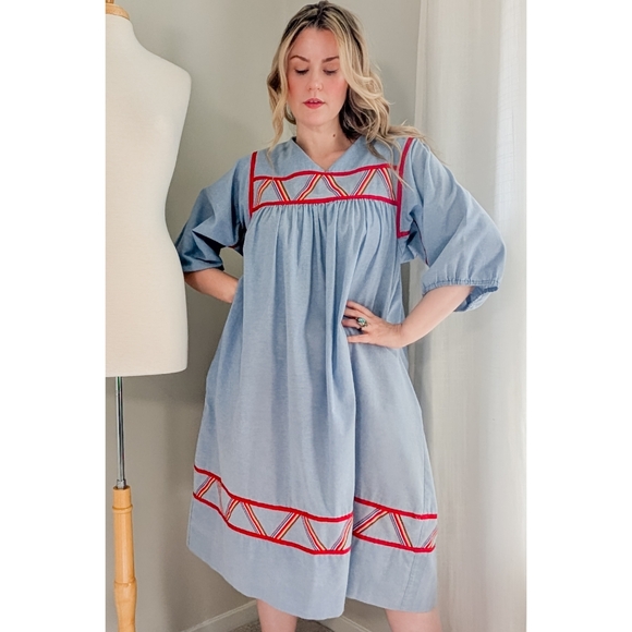 70s Blue Krist Gudnason for Rainbow Trim Cotton 1970s Vintage Midi Shift Dress - Picture 11 of 15